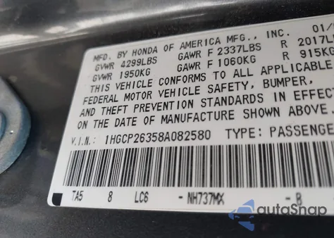 2008 Honda Accord 2.4 Lx from USA, damaged, VIN 1HGCP26358A082580